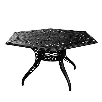 Modern Outdoor Aluminum 63-in Large Black Hexagon Patio Dining Set With Lazy Susan And Six Chairs