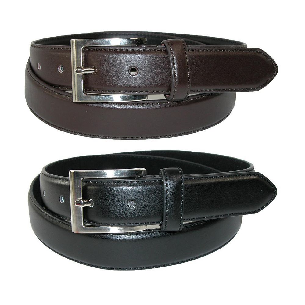 CTM Men's Big & Tall Genuine Leather Dress Belt 2-Pack - Black & Brown, Silver Buckle, Sizes Up To 48