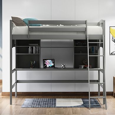 Merax Loft Bed With Storage Shelves, Desk And Ladder