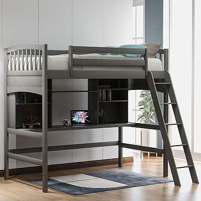 Merax Twin Size Loft Bed With Built-In Desk & Shelves - Space-Saving Bed For Kids & Teens, Espresso Finish