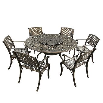 Modern Outdoor Aluminum 59 Inch Bronze Round Dining Set With Lazy Susan And Six Chairs
