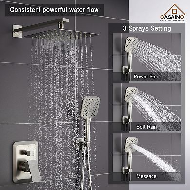 Casainc Shower Faucet Set Rainfall Head Combo 3 Function With Mixer Valve Nickle