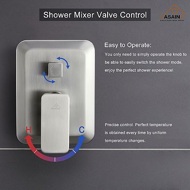 Casainc Shower Faucet Set Rainfall Head Combo 3 Function With Mixer Valve Nickle