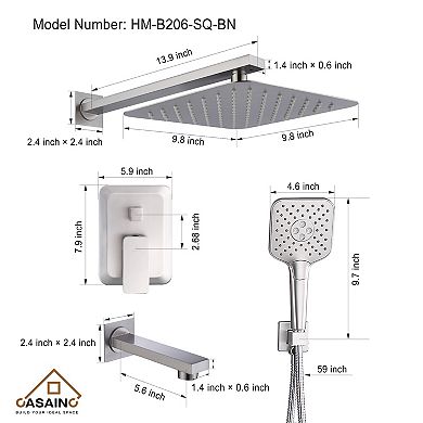 Casainc Shower Faucet Set Rainfall Head Combo 3 Function With Mixer Valve Nickle