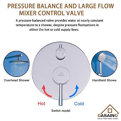 Casainc Round Shower Faucet Set Rain Head Wall Mount Mixer Taps with hand Spray