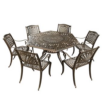Rose Modern And Outdoor Aluminum 63 Inch Bronze Hexagon Dining Set With Lazy Susan And Six Chairs