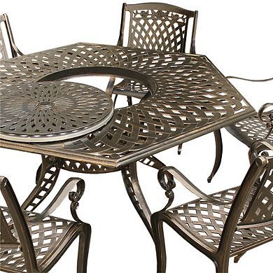 Rose Modern And Outdoor Aluminum 63 Inch Bronze Hexagon Dining Set With Lazy Susan And Six Chairs