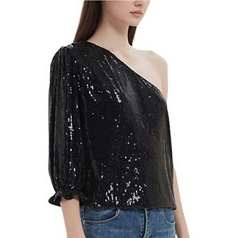 Women's Sparkle Sequins One Shoulder Cocktail Casual T-shirt Tops