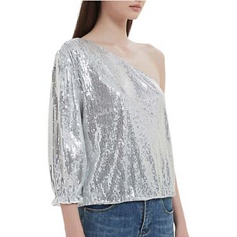 Women's Sparkle Sequins One Shoulder Cocktail Casual T-shirt Tops