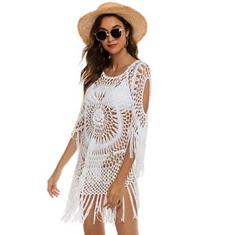 Women's Crochet Cover Up Bathing Suit 3/4 Sleeve Tassel Dress