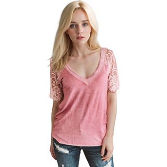 Women's Lace Short Sleeve T-shirt V Neck Summer Tops Shirts