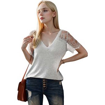 Women's Lace Short Sleeve T-shirt V Neck Summer Tops Shirts