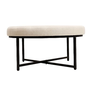 Merrick Lane Round Tufted Cotton Linen Ottoman With Durable Metal Frame