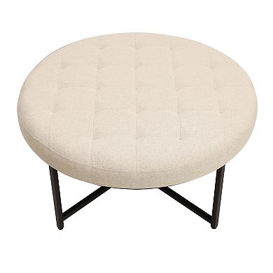 Merrick Lane Round Tufted Cotton Linen Ottoman With Durable Metal Frame