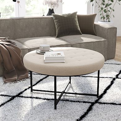 Merrick Lane Round Tufted Cotton Linen Ottoman With Durable Metal Frame