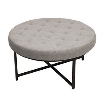 Merrick Lane Round Tufted Cotton Linen Ottoman With Durable Metal Frame