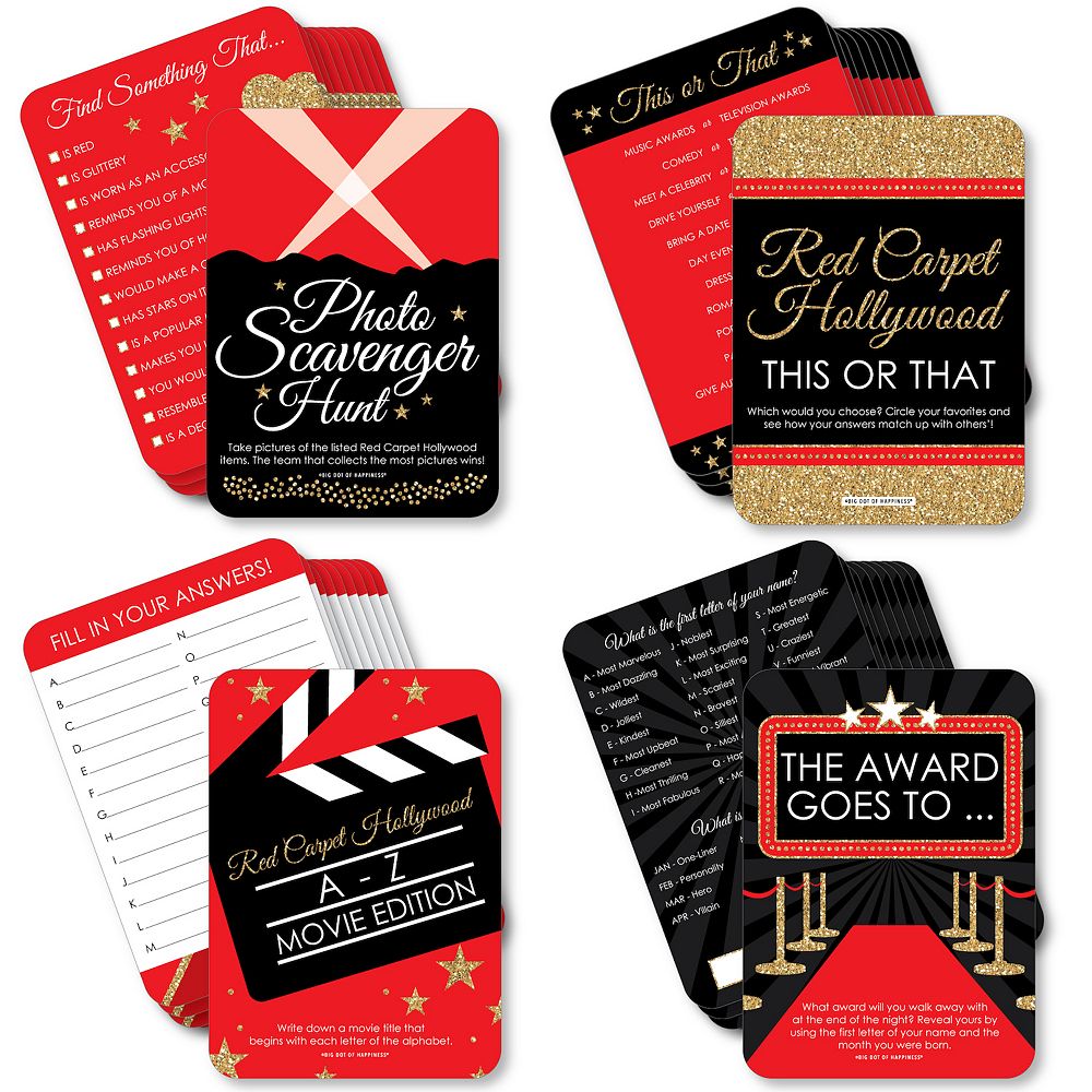 Big Dot Of Happiness Red Carpet Hollywood 4 Movie Party Games 10 Cards ...