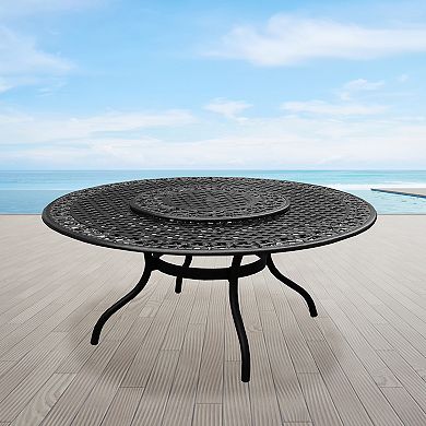 Ornate Outdoor Mesh Aluminum 59-in Large Round Patio Dining Table With Lazy Susan