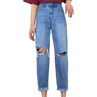 Women's High Waist Ripped Boyfriend Jeans