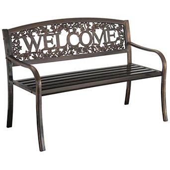 Outdoor Weather Resistant Metal Garden Bench With Welcome Floral Back