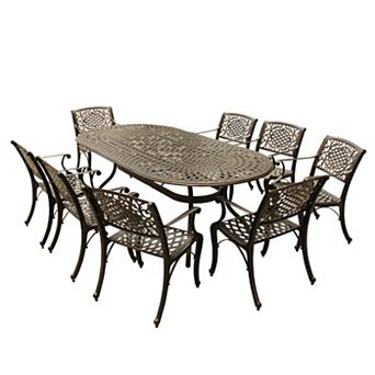 Modern Outdoor Aluminum 95 Inch Bronze Oval Dining Set With Eight Arm Chairs