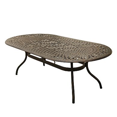 Modern Outdoor Aluminum 95 Inch Bronze Oval Dining Set With Eight Arm Chairs