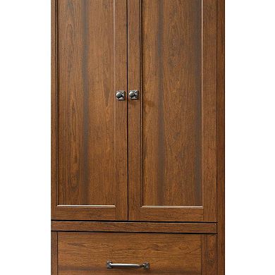 Solid Wood Wardrobe Armoire with Garment Rod, Easy-Glide Drawer, and Wrought Iron-Style Hardware