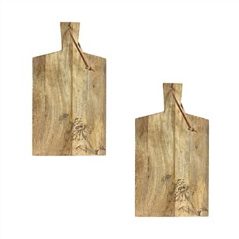 Natural Mango Wood Cutting Board With Etched Floral And Bee Design (Set Of 2)