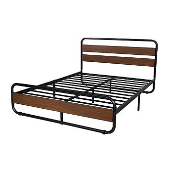 Queen Heavy Duty Modern Industrial Metal Wood Platform Bed Frame With Headboard