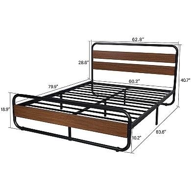Queen Heavy Duty Modern Industrial Metal Wood Platform Bed Frame With Headboard