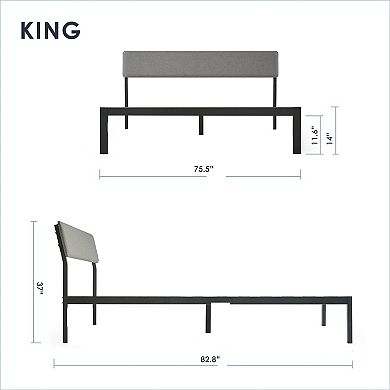 King Size Grey Soft Fabric Metal Headboard Platform Bed Wooden Slats