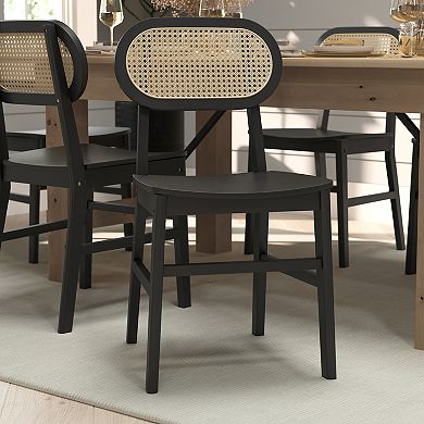 Merrick Lane Analise Set Of 2 Cane Rattan Dining Chairs With Solid Wood Frames