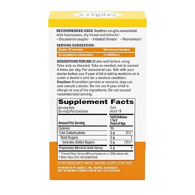Zarbee's Naturals Baby Soothing Cough Syrup with Dark Honey, Natural Peach & Honey Flavor, 2 Fl Oz