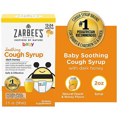 Zarbee's Naturals Baby Soothing Cough Syrup with Dark Honey, Natural Peach & Honey Flavor, 2 Fl Oz