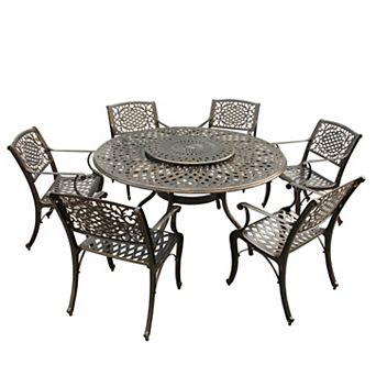 Modern And Outdoor Aluminum 59 Inch Bronze Round Dining Set With Lazy Susan And Six Chairs