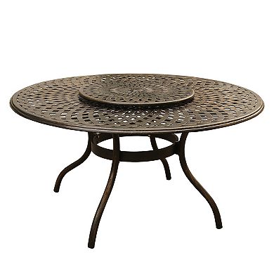 Modern And Outdoor Aluminum 59 Inch Bronze Round Dining Set With Lazy Susan And Six Chairs