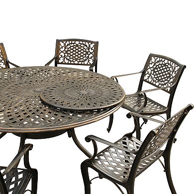 Modern And Outdoor Aluminum 59 Inch Bronze Round Dining Set With Lazy Susan And Six Chairs