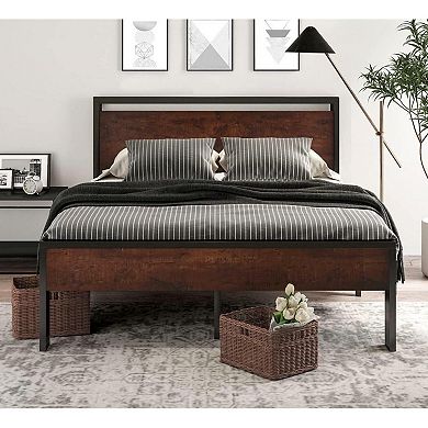 Queen Metal Platform Bed Frame With Mahogany Wood Panel Headboard Footboard