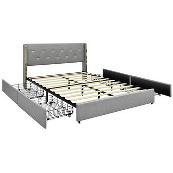 Full Size Grey/gold Linen Headboard 4 Drawer Storage Platform Bed
