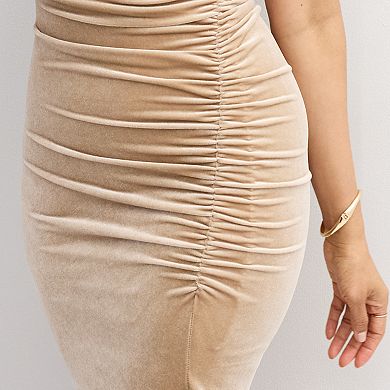 Women's Robbie Bee High Neck Ruched Velvet Midi Dress