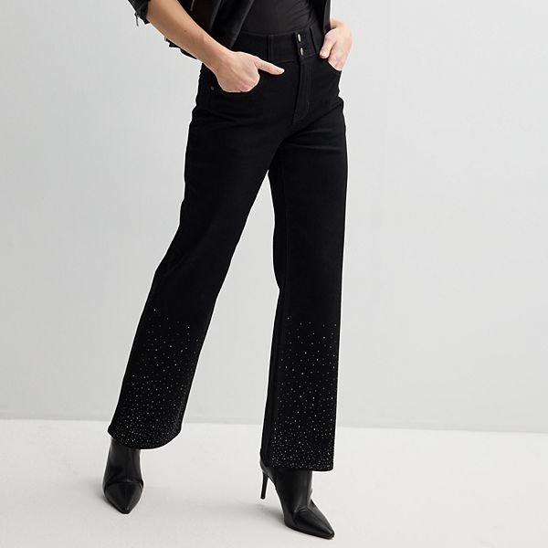 Special A Straight Leg Rhinestone Hem Slit Jeans