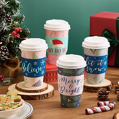 48 Pack 16 Oz Disposable Christmas Coffee Cups With Lids And Sleeves, 4 Designs