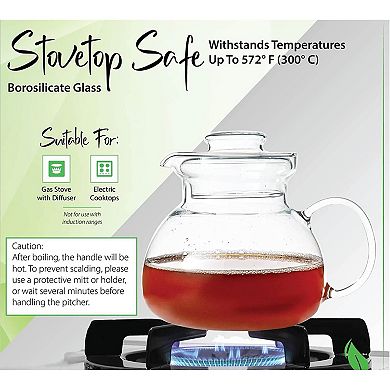 Clear Borosilicate Glass Teapot 1.5 Qt for Loose Leaf or Blooming Tea Dishwasher Safe
