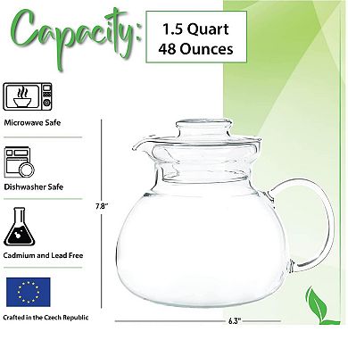 Clear Borosilicate Glass Teapot 1.5 Qt for Loose Leaf or Blooming Tea Dishwasher Safe