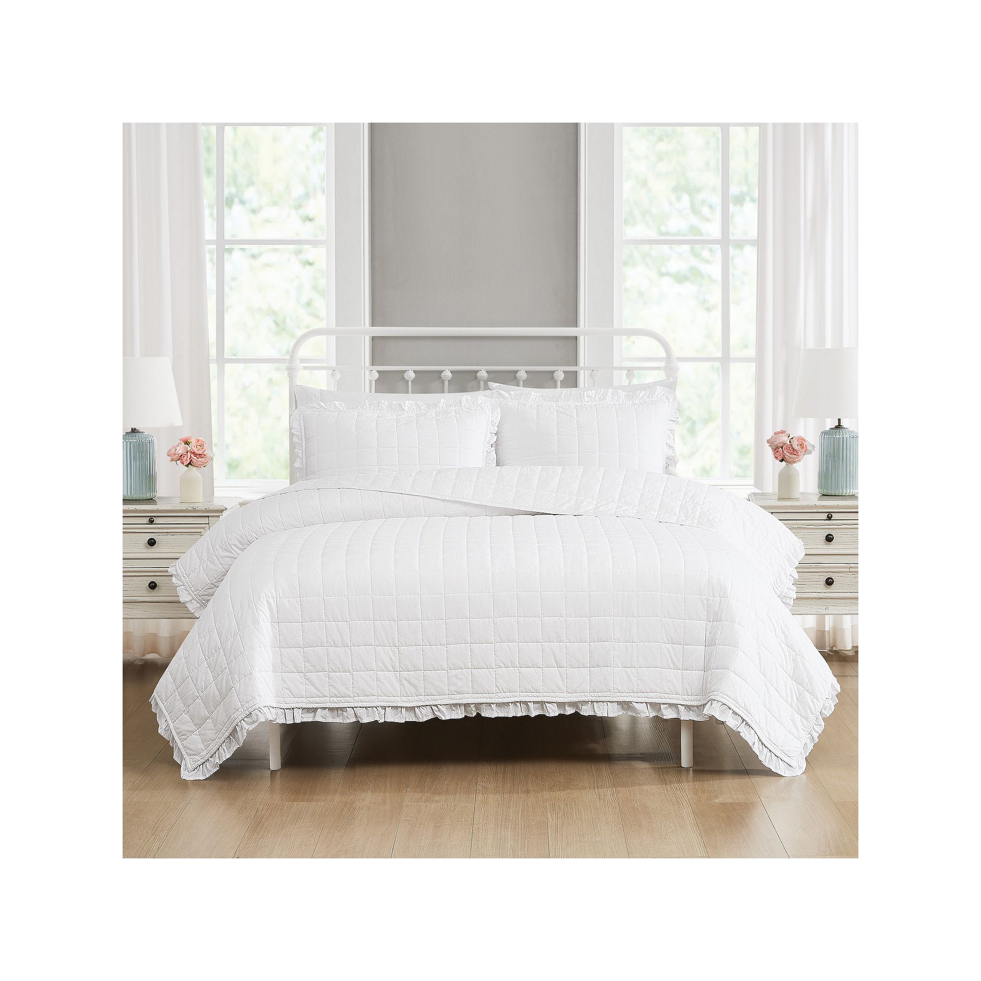 Farmhouse Ruffled Washed Cotton White Quilt & Sham Set
