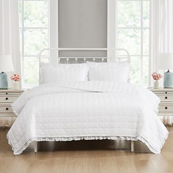 Farmhouse Ruffled Washed Cotton White Quilt & Sham Set