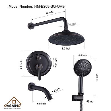 8.3inch Wall-mounted Rain Shower System With Handheld & Tub Spout