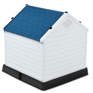 Medium Outdoor Dog House with Raised Floor & Removable Roof, White and Blue Plastic Pet Shelter 30''