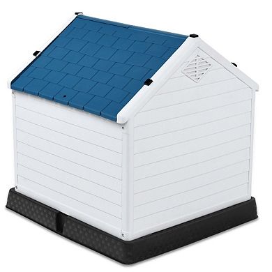 Medium Outdoor Dog House with Raised Floor & Removable Roof, White and Blue Plastic Pet Shelter 30''