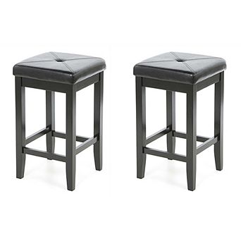 Set Of 2 - Black Bar Stools 24-inch High With Cushion Faux Leather Seat